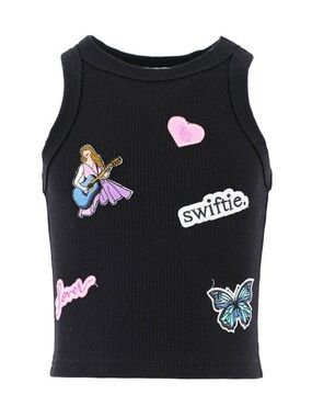 Lola + The Boys Black Ribbed Tank with Colorful Patch Accents Taylor swift